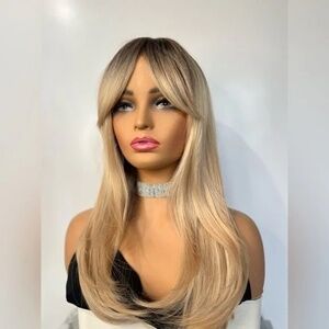 24 Inch Straight Blonde Layered hair Wig With Curtain Bangs Dark Roots